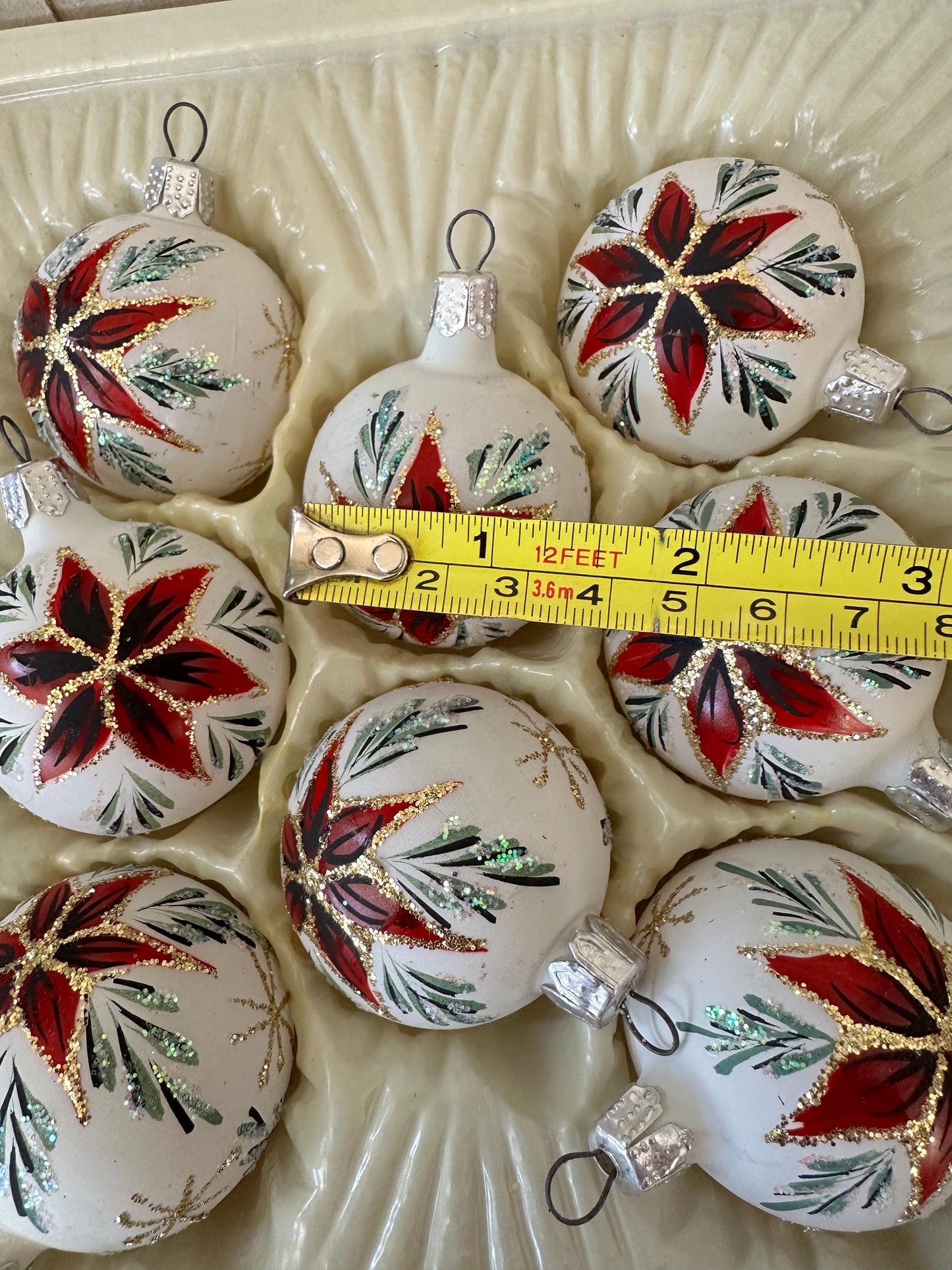 Vintage Commodore Christmas Ornaments – Frosted Poinsettia Glass Set, Romania