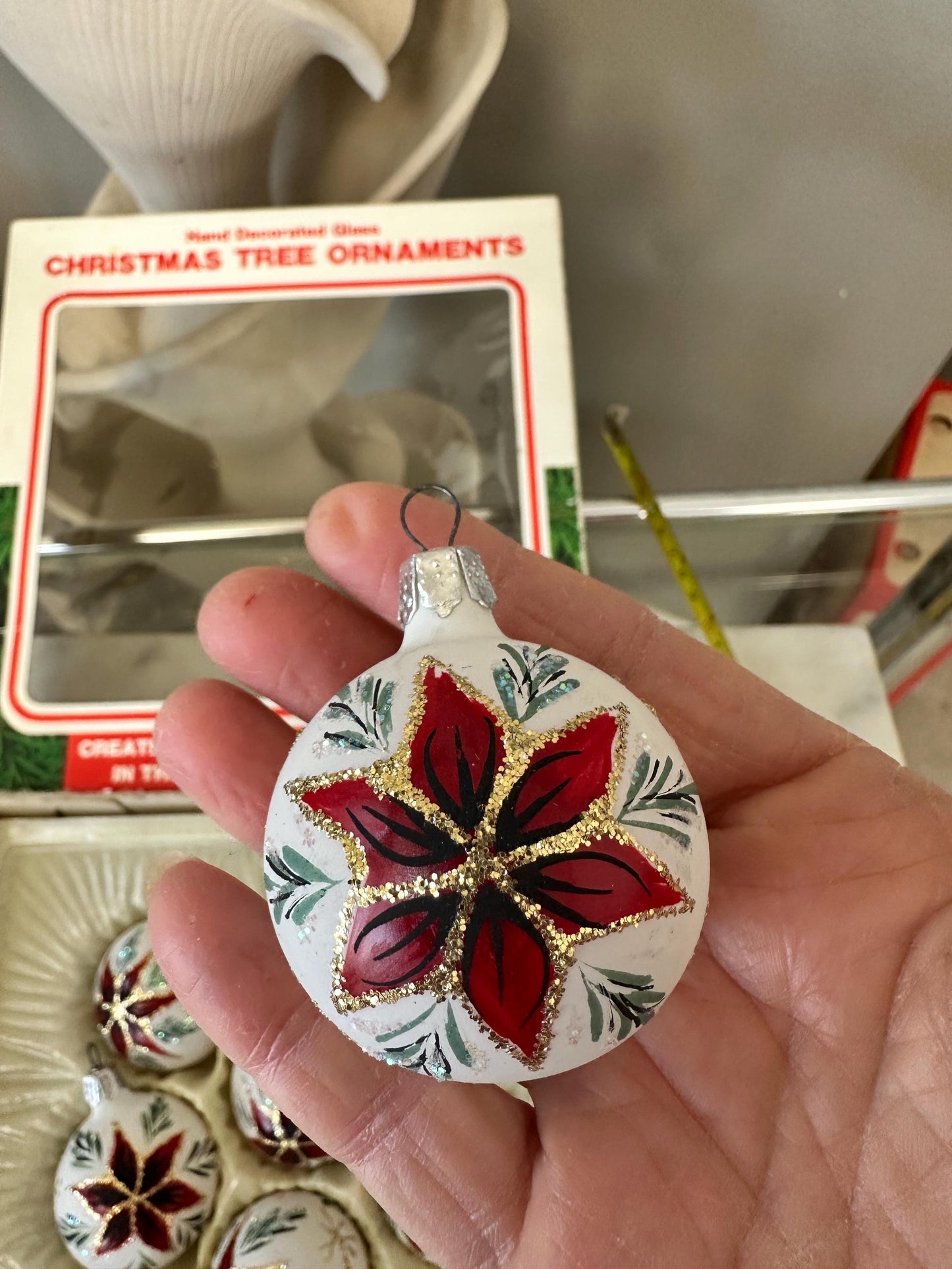 Vintage Commodore Christmas Ornaments – Frosted Poinsettia Glass Set, Romania