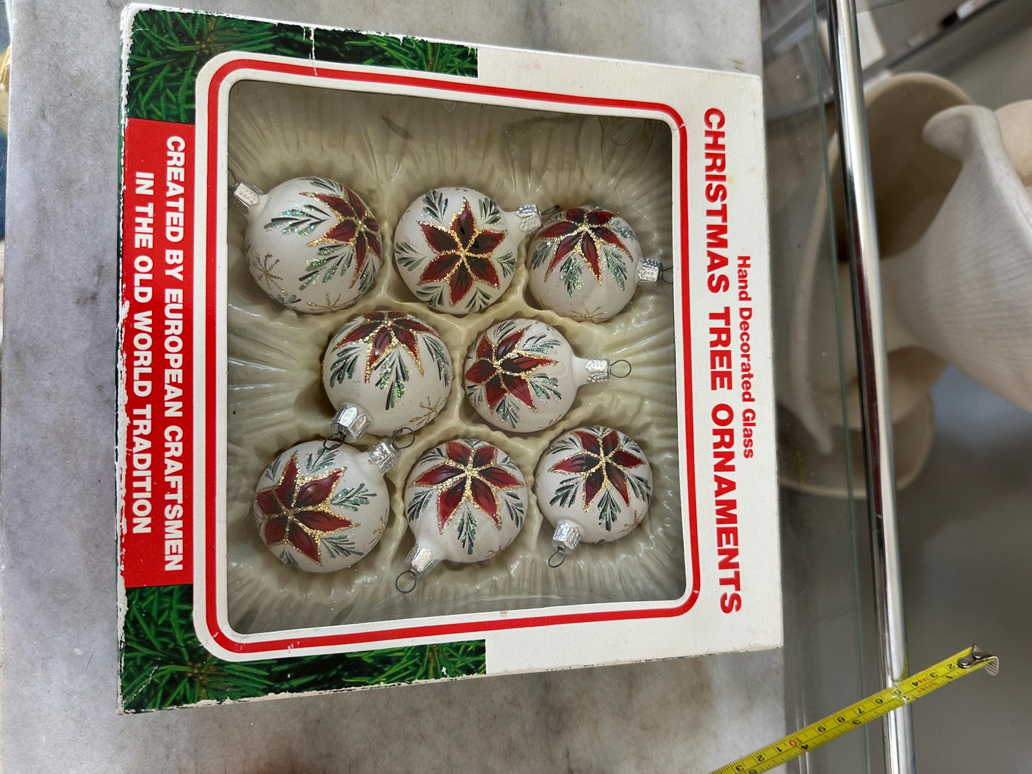 Vintage Commodore Christmas Ornaments – Frosted Poinsettia Glass Set, Romania