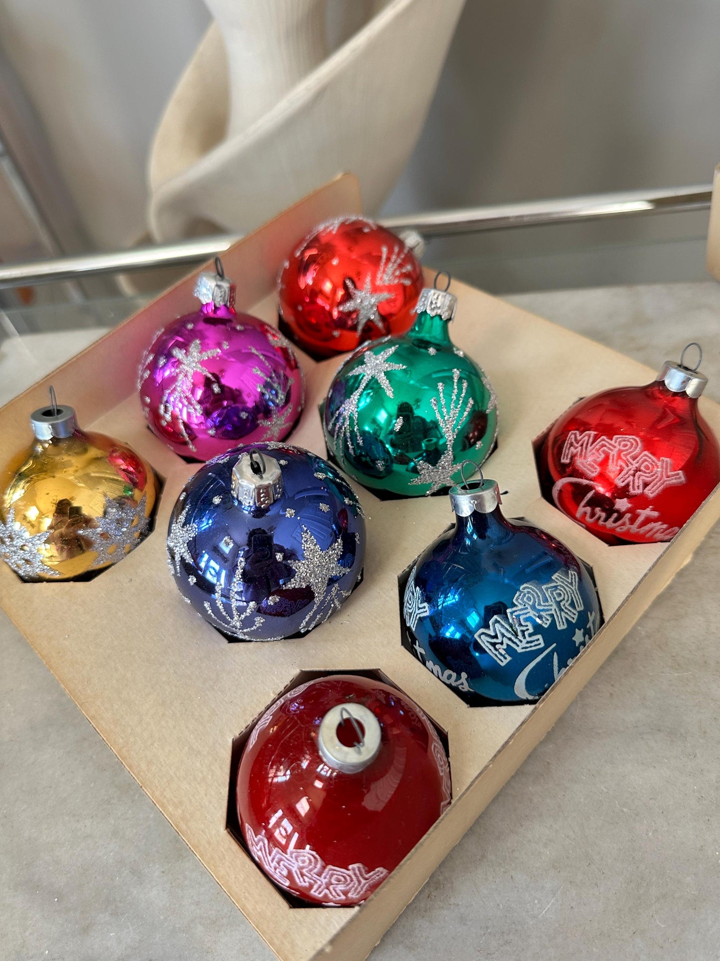 Vintage Pyramid Glass Christmas Ornaments – Starburst Set of 8, Made in USA