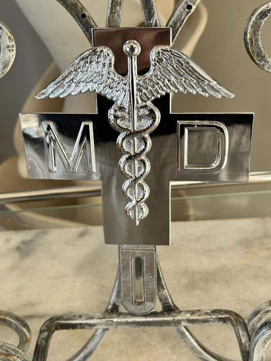1960s Chrome MD Doctor License Plate Badge – New Old Stock Car Emblem