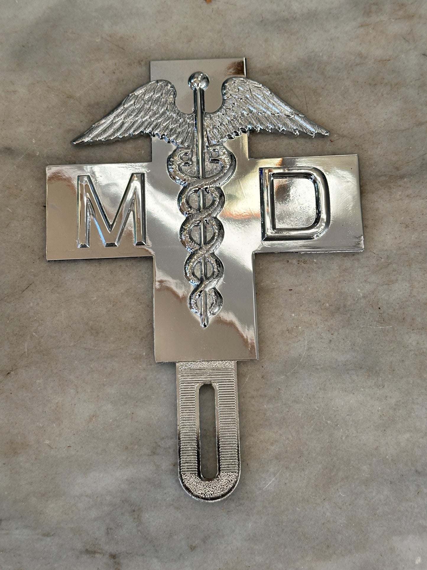1960s Chrome MD Doctor License Plate Badge – New Old Stock Car Emblem
