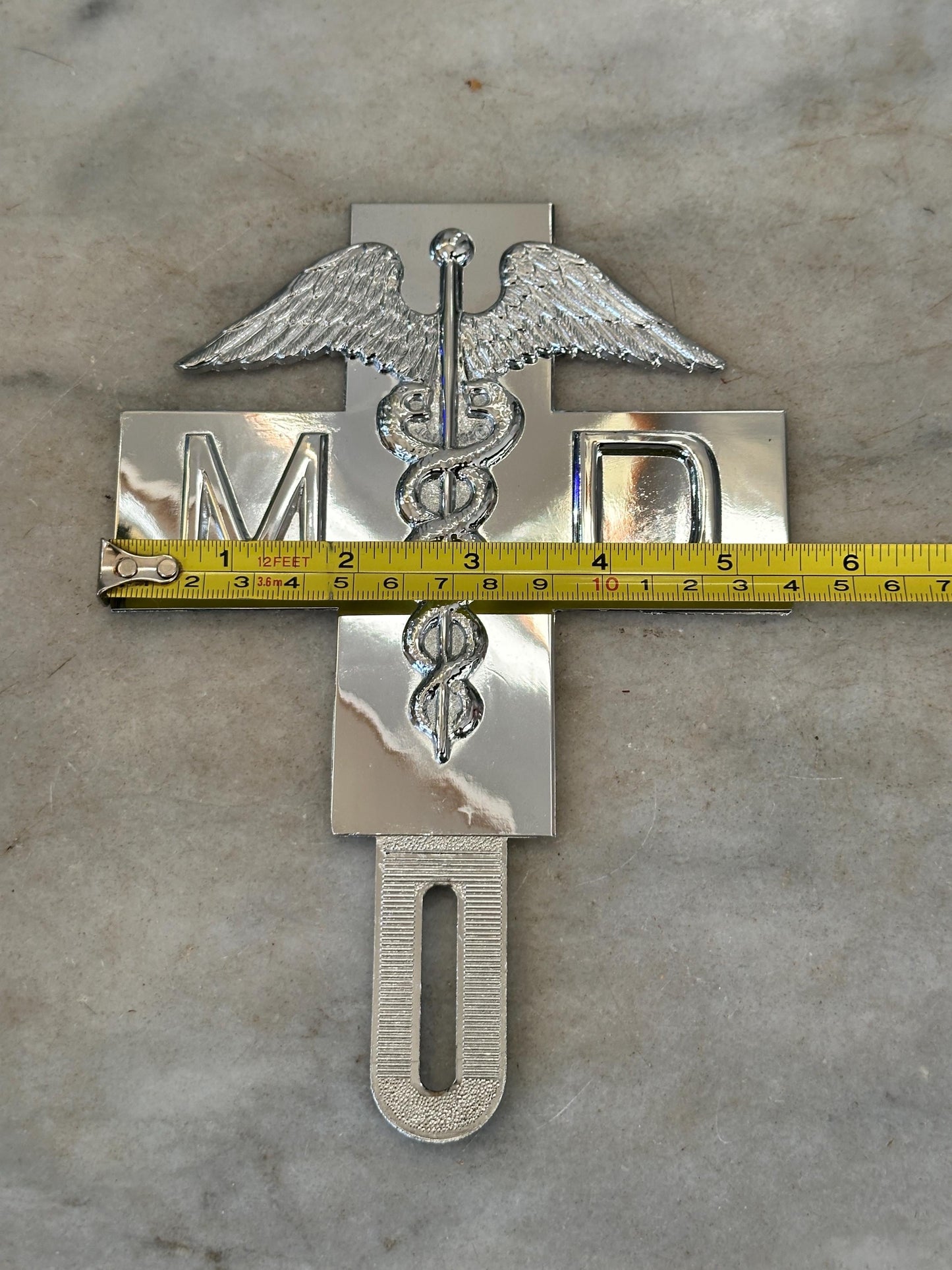 1960s Chrome MD Doctor License Plate Badge – New Old Stock Car Emblem