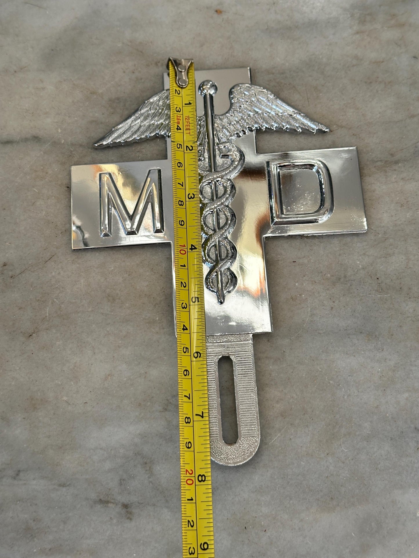 1960s Chrome MD Doctor License Plate Badge – New Old Stock Car Emblem
