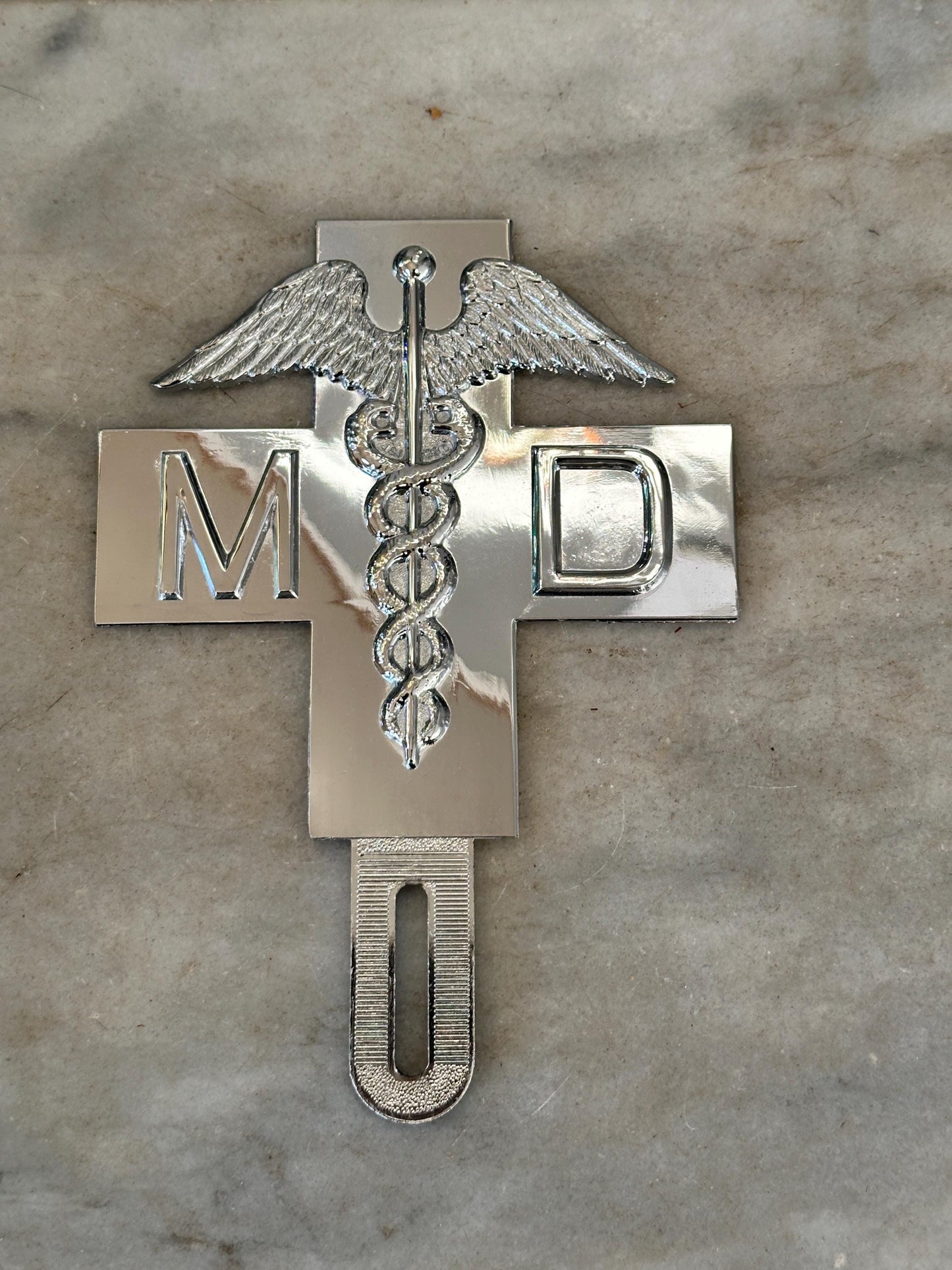 1960s Chrome MD Doctor License Plate Badge – New Old Stock Car Emblem