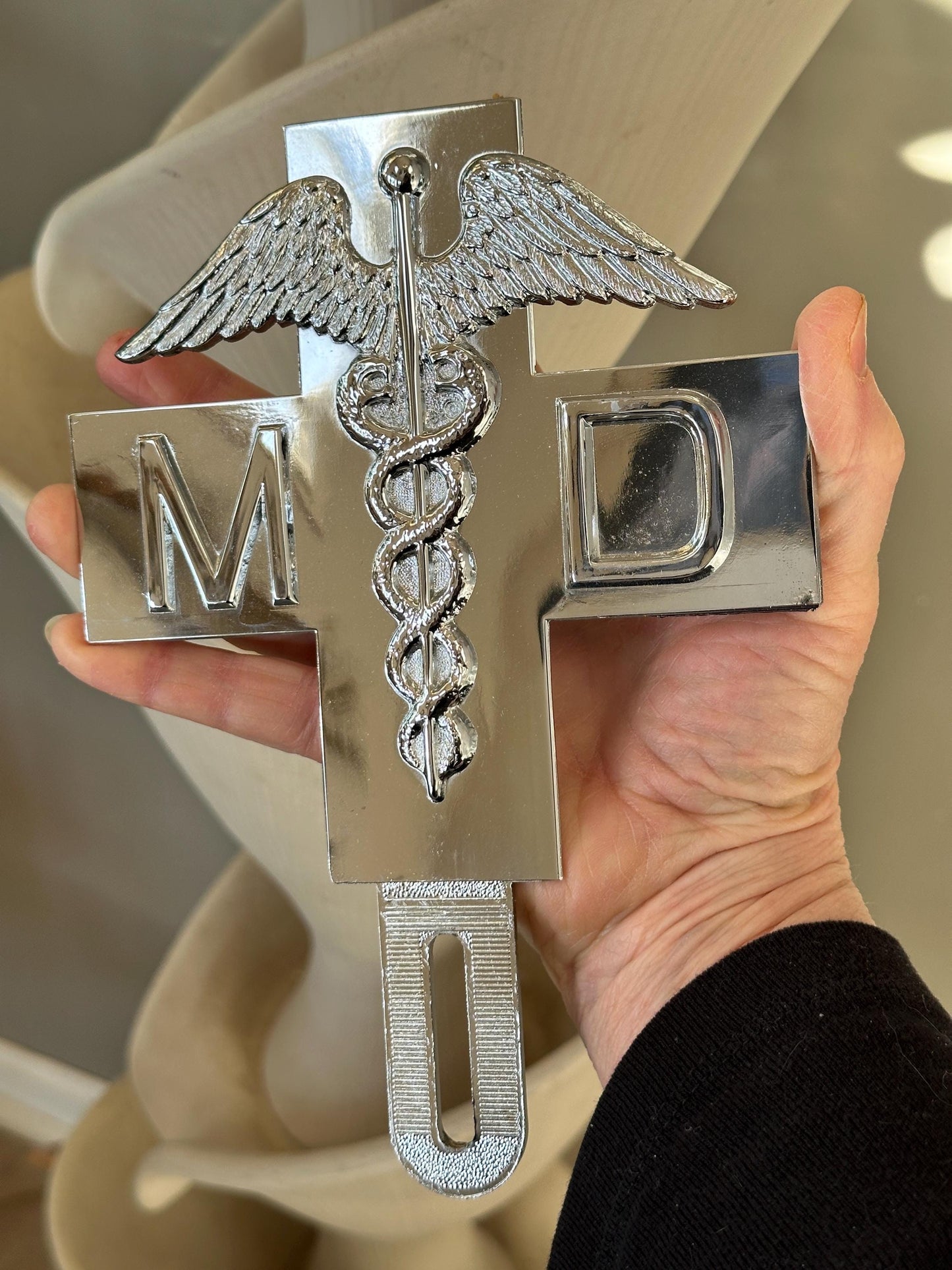 1960s Chrome MD Doctor License Plate Badge – New Old Stock Car Emblem