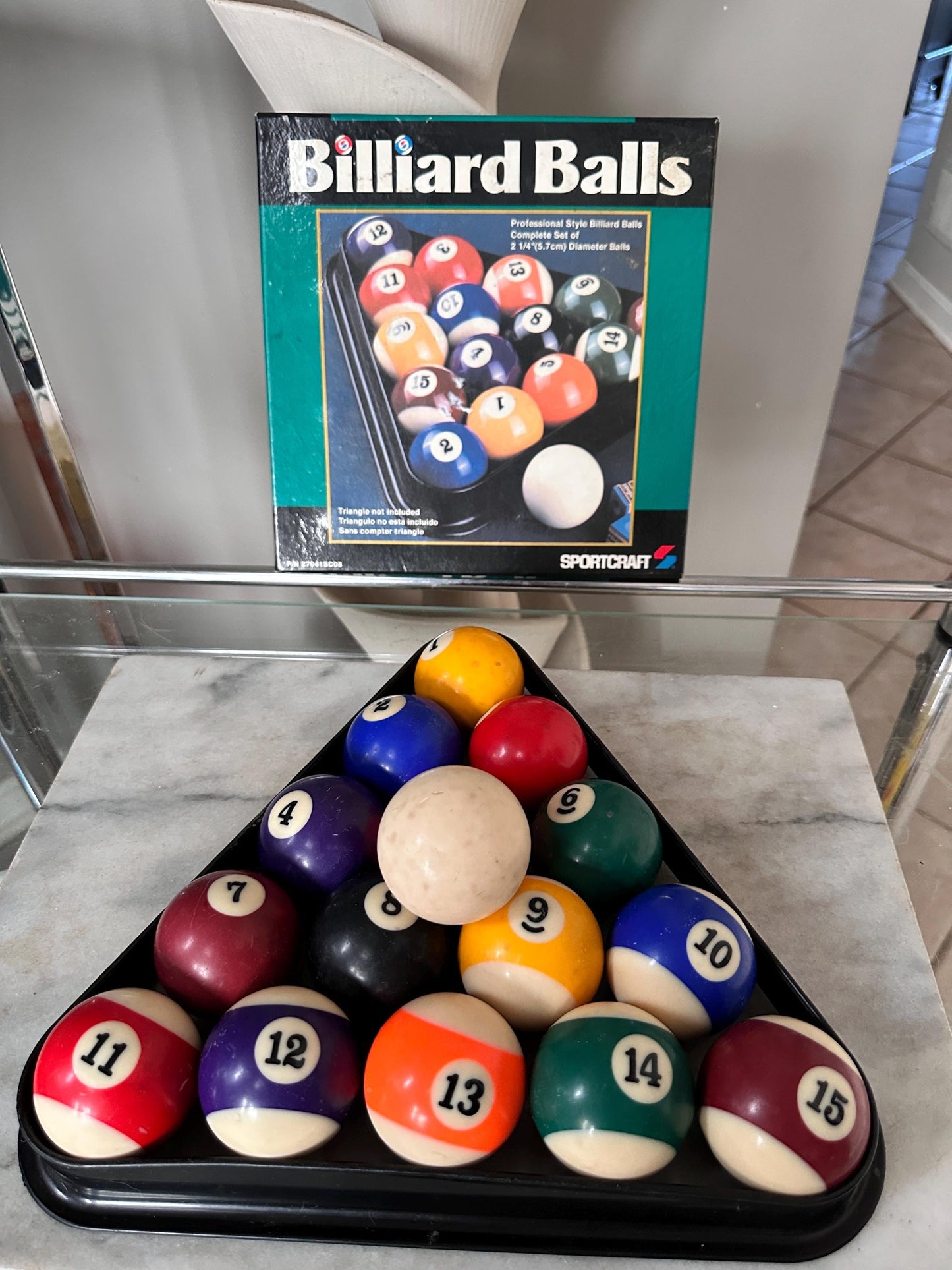 Vintage Complete Set of 16 Sportcraft Billiard Balls |  Pool Table Balls in Box w Vintage Rack