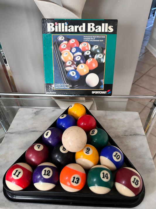 Vintage Complete Set of 16 Sportcraft Billiard Balls |  Pool Table Balls in Box w Vintage Rack