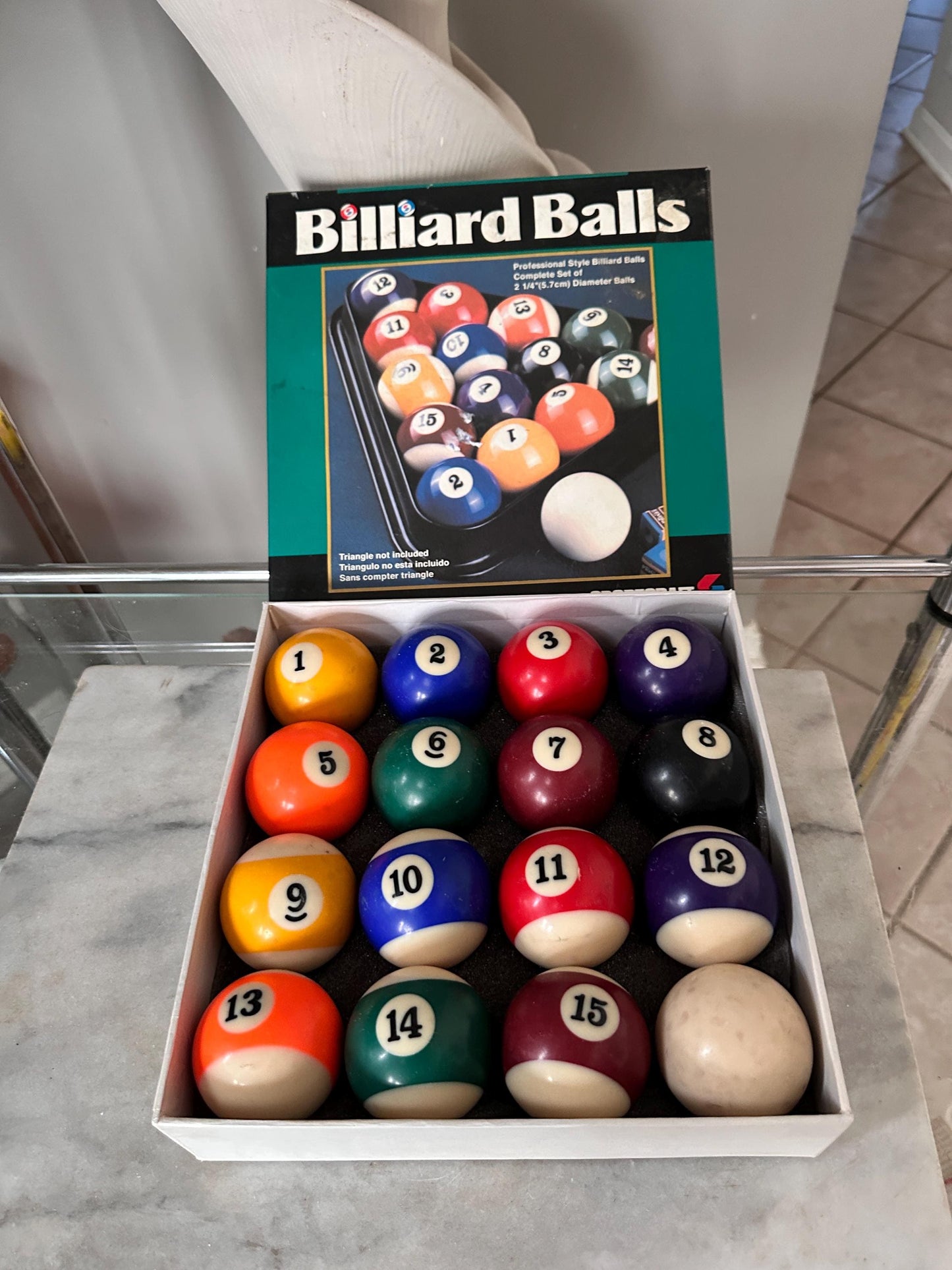 Vintage Complete Set of 16 Sportcraft Billiard Balls |  Pool Table Balls in Box w Vintage Rack