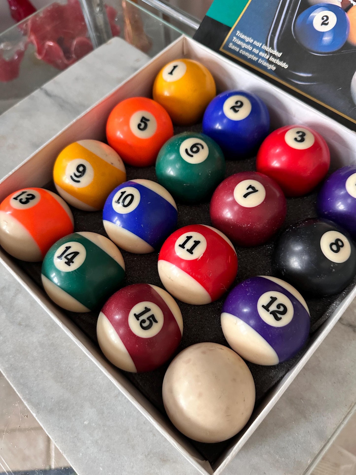 Vintage Complete Set of 16 Sportcraft Billiard Balls |  Pool Table Balls in Box w Vintage Rack