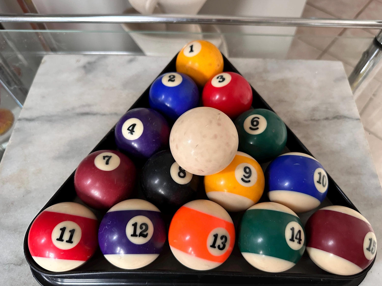 Vintage Complete Set of 16 Sportcraft Billiard Balls |  Pool Table Balls in Box w Vintage Rack