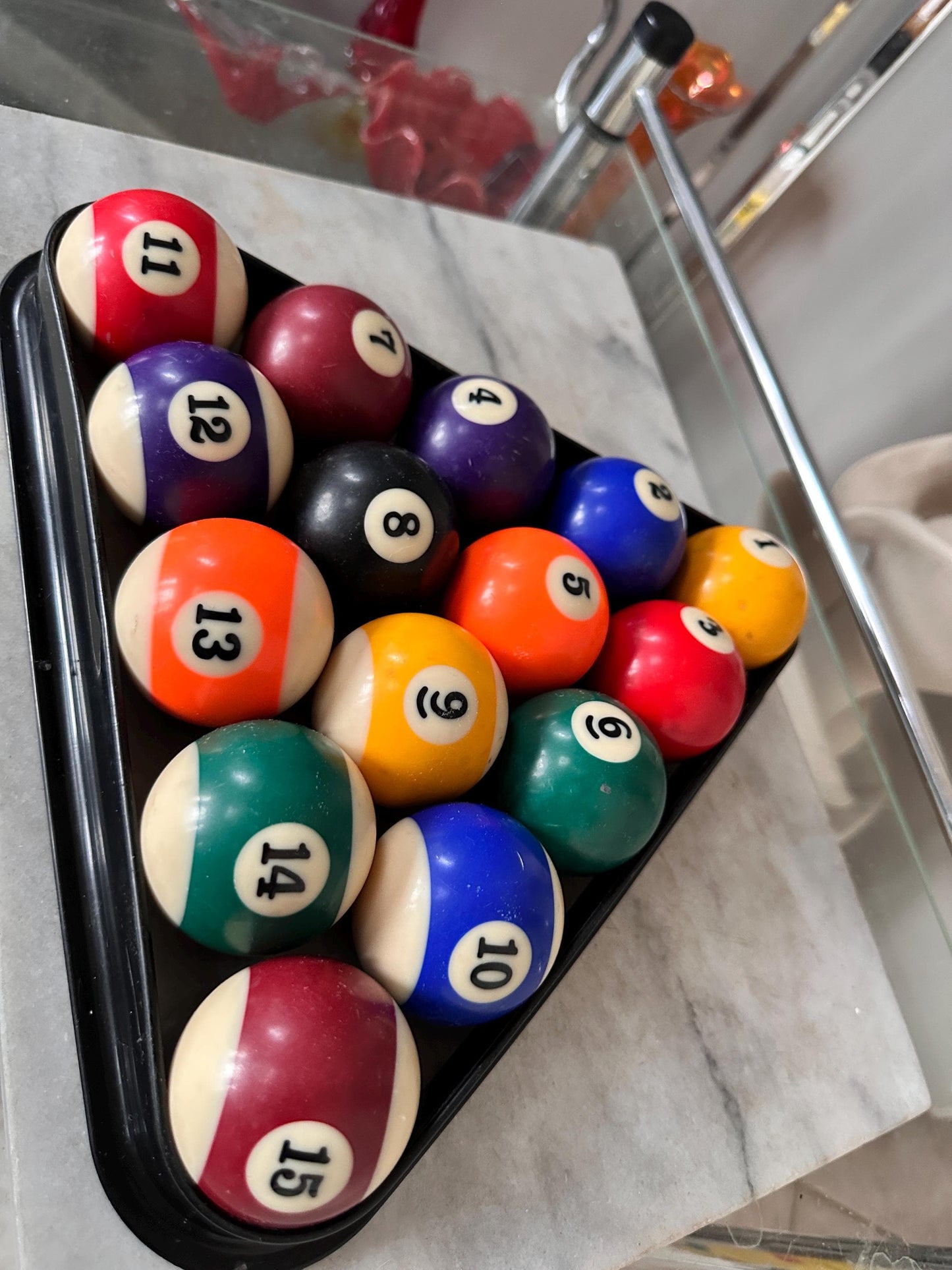 Vintage Complete Set of 16 Sportcraft Billiard Balls |  Pool Table Balls in Box w Vintage Rack