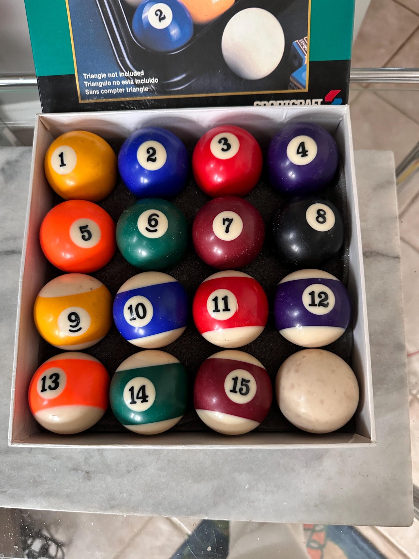 Vintage Complete Set of 16 Sportcraft Billiard Balls |  Pool Table Balls in Box w Vintage Rack