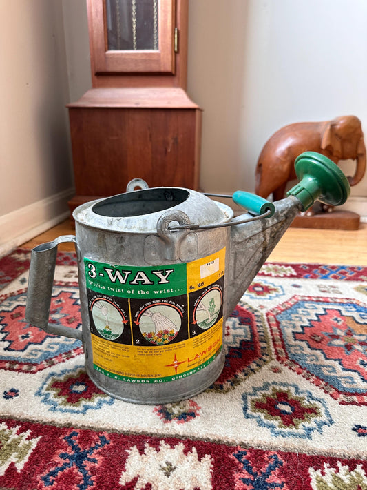 Vintage Lawson Galvanized 5 Quart Watering Can – 3-Way Sprinkler, Farmhouse Decor
