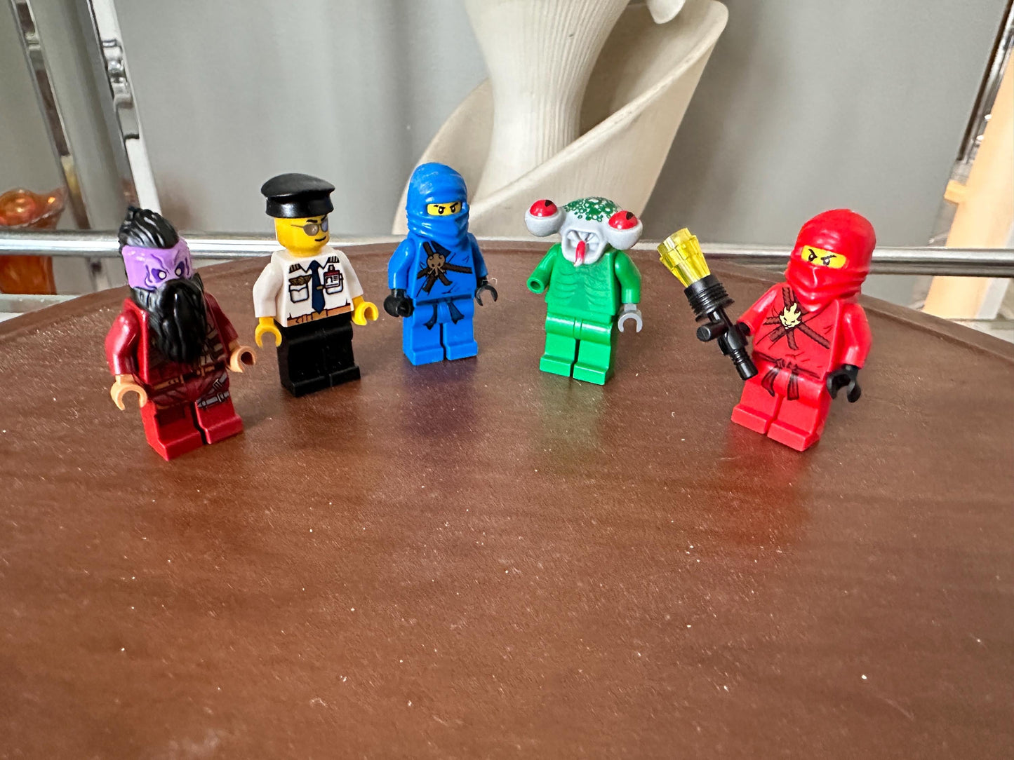 Assorted LEGO Minifigure Lot of 5 – Space Police Squidman, Marvel Taserface, Ninjago Jay (Blue & Red), and Airport Pilot