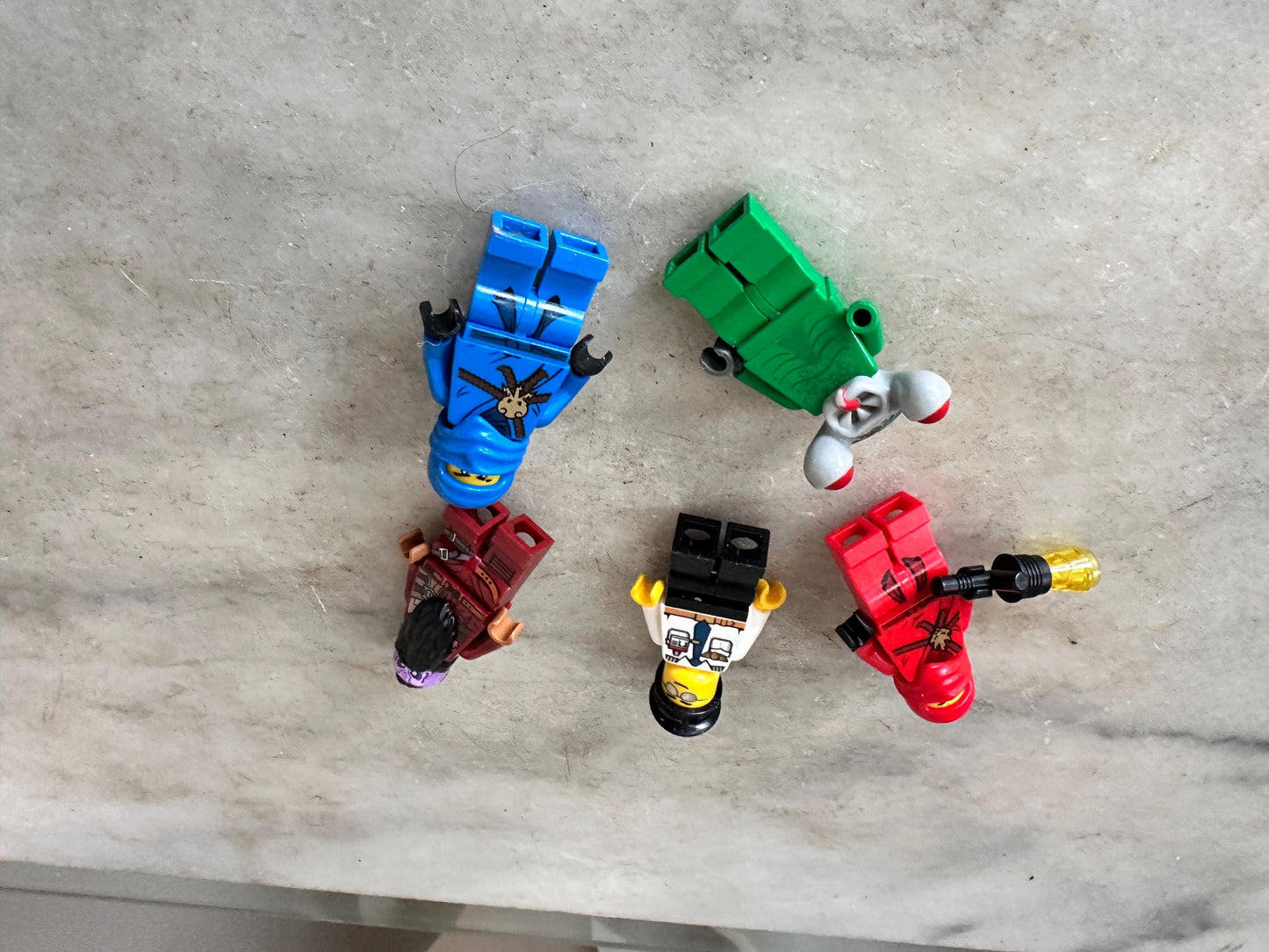 Assorted LEGO Minifigure Lot of 5 – Space Police Squidman, Marvel Taserface, Ninjago Jay (Blue & Red), and Airport Pilot