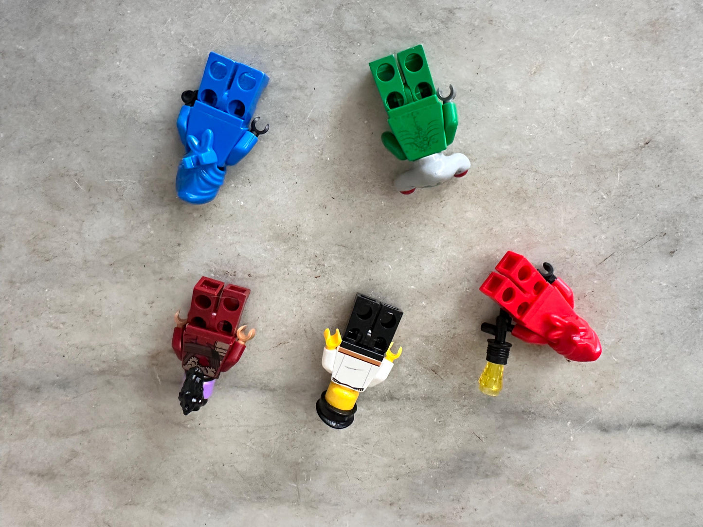 Assorted LEGO Minifigure Lot of 5 – Space Police Squidman, Marvel Taserface, Ninjago Jay (Blue & Red), and Airport Pilot