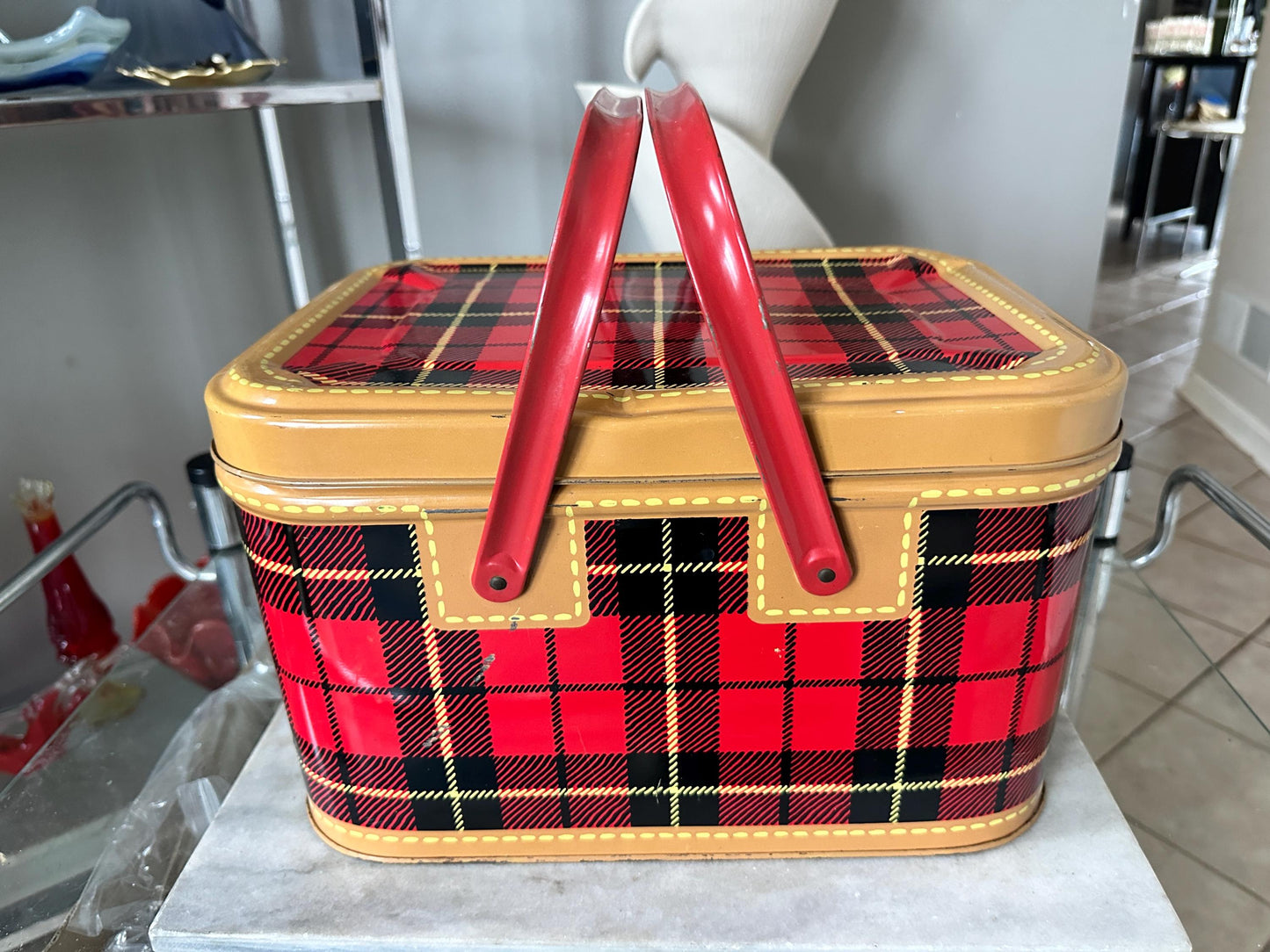 1950s Vintage “The Skotch Basket” Tin Picnic Basket – Petra Cabot Design – Mid Century Metal Hamper