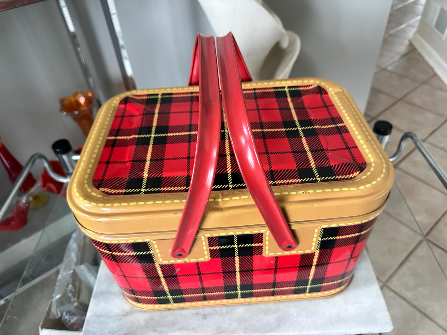1950s Vintage “The Skotch Basket” Tin Picnic Basket – Petra Cabot Design – Mid Century Metal Hamper