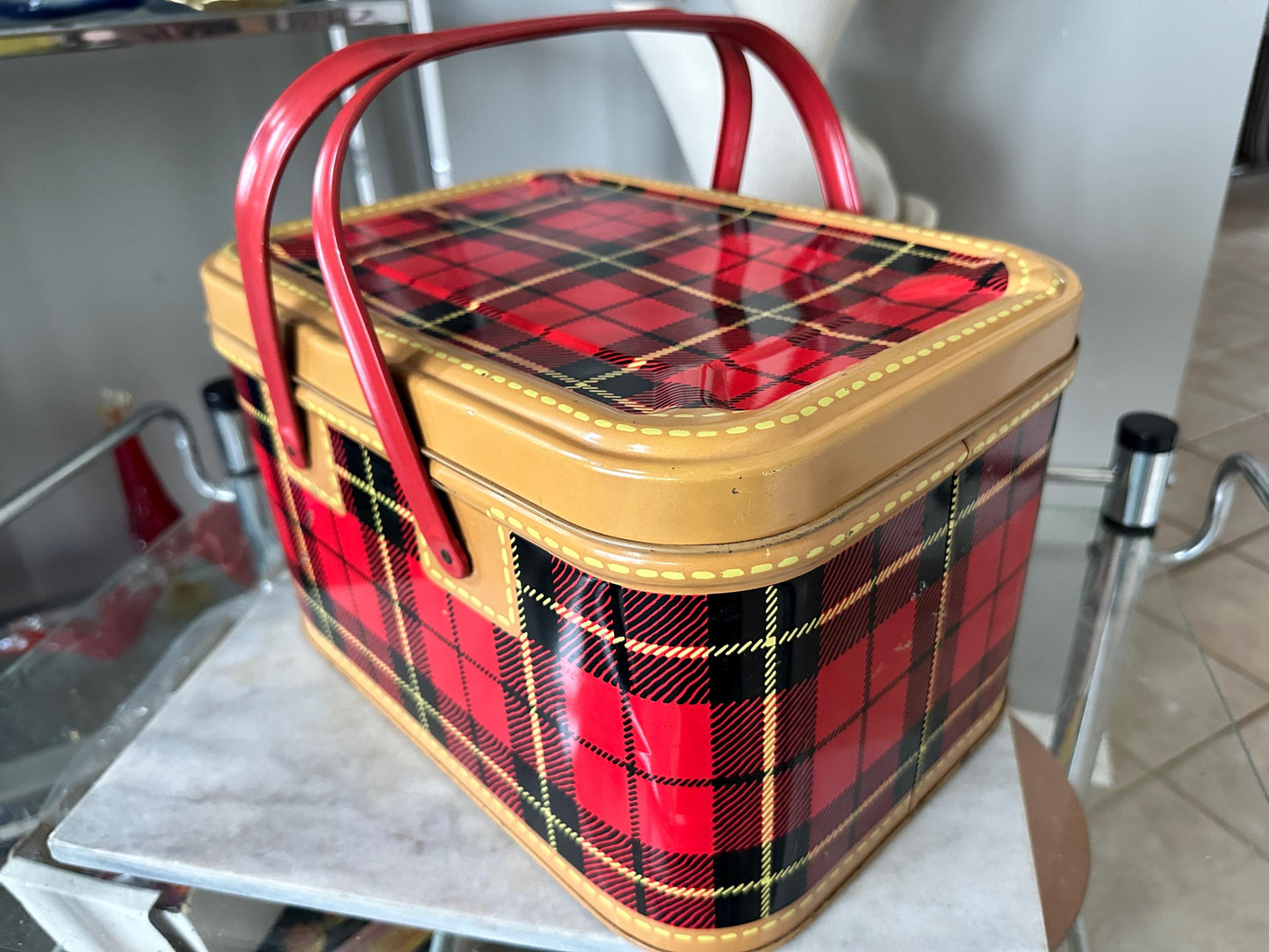 1950s Vintage “The Skotch Basket” Tin Picnic Basket – Petra Cabot Design – Mid Century Metal Hamper