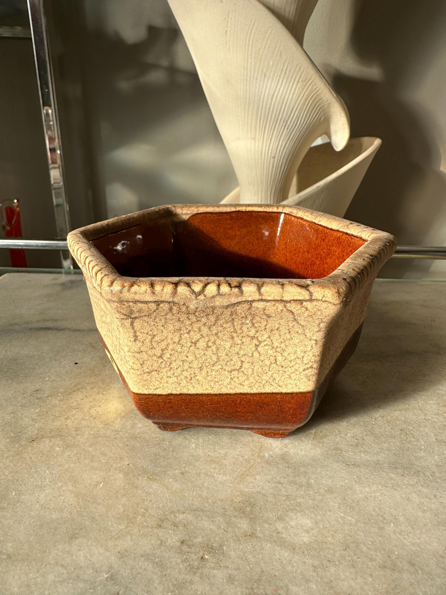 Vintage Haeger 4002 Cream And Brown USA Pottery 6-Sided Footed Planter