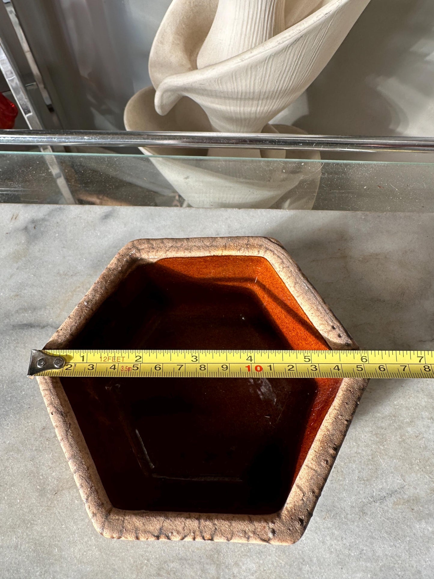 Vintage Haeger 4002 Cream And Brown USA Pottery 6-Sided Footed Planter