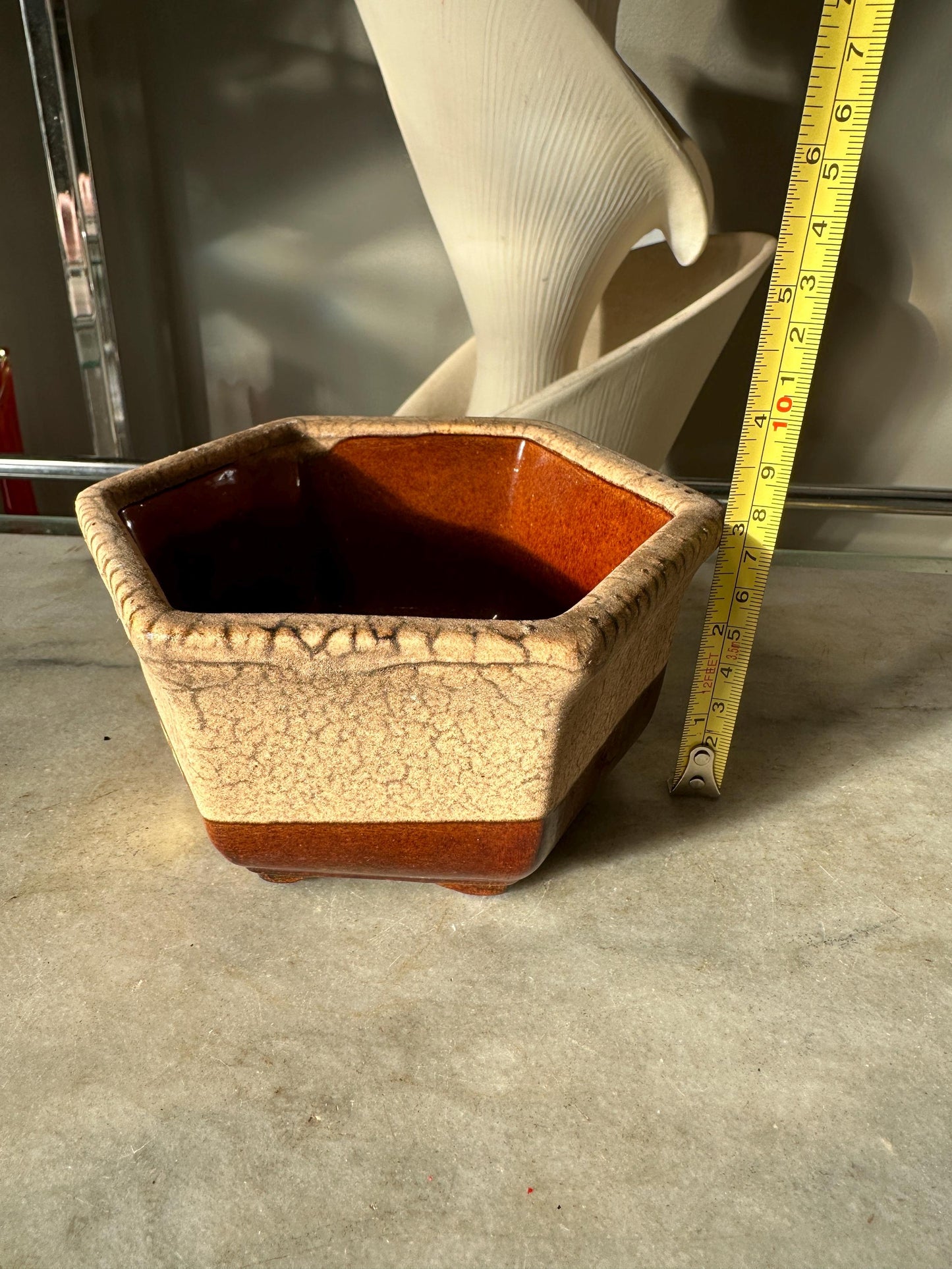 Vintage Haeger 4002 Cream And Brown USA Pottery 6-Sided Footed Planter