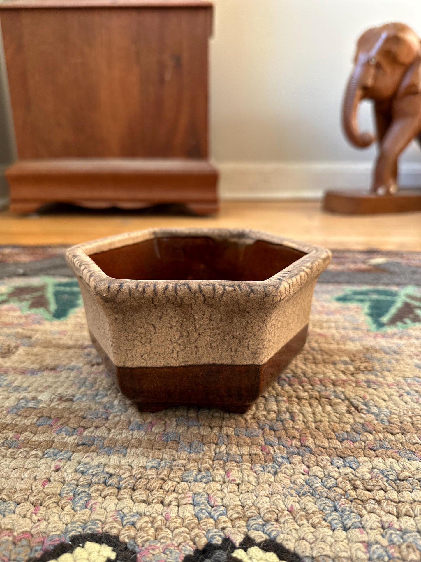 Vintage Haeger 4002 Cream And Brown USA Pottery 6-Sided Footed Planter