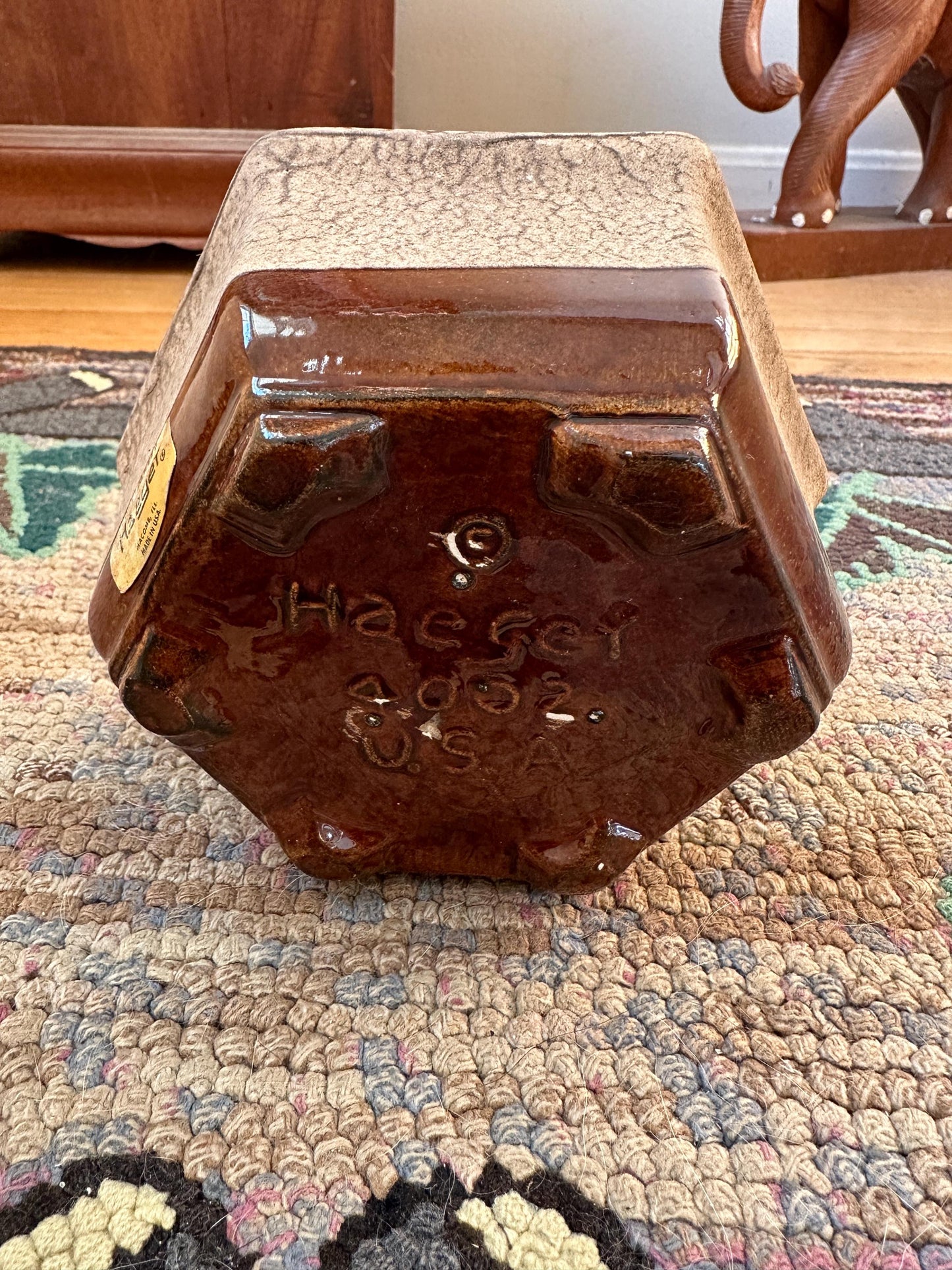 Vintage Haeger 4002 Cream And Brown USA Pottery 6-Sided Footed Planter