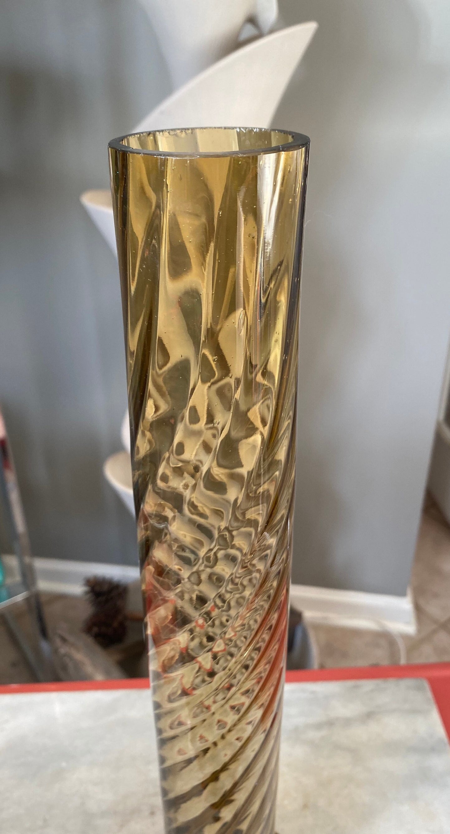 Vintage MCM Amber Empoli Glass Large Vase | Mid Century Modern Optic Swirl Amber Glass Vase | 18 x 5