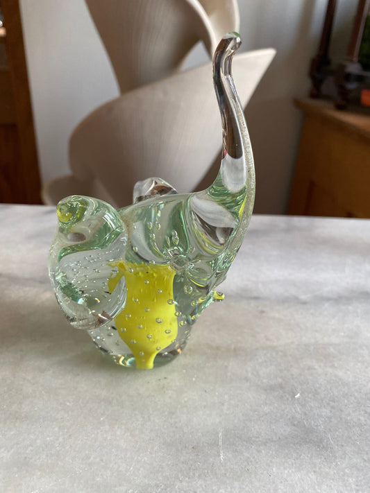 Vintage MCM Controlled bubble glass art glass elephant paperweight | Yellow Details | Trunk Up