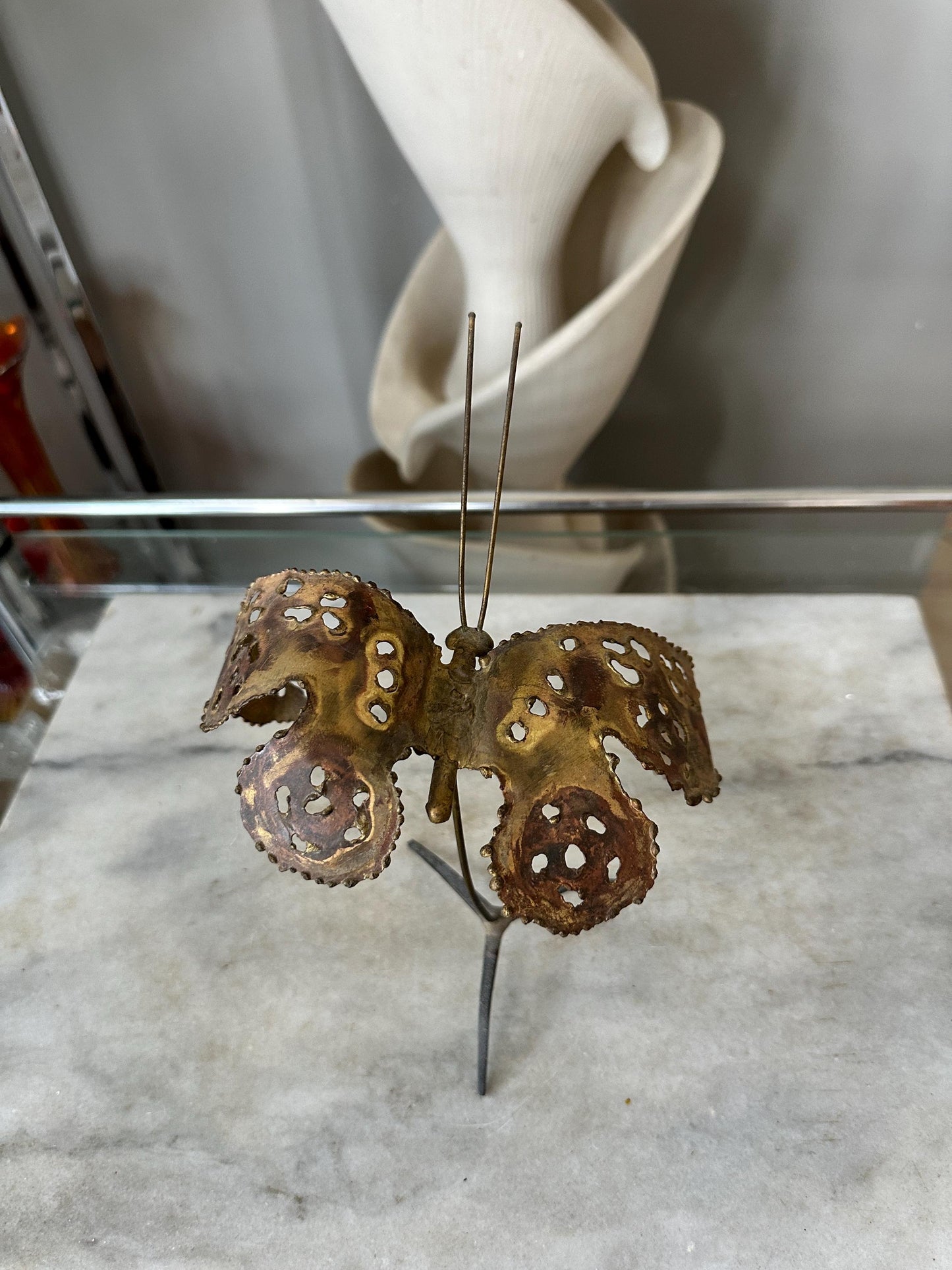 Brass Butterfly Statue Figurine Mid Century Modern 1970s Butterfly Signed by Artist