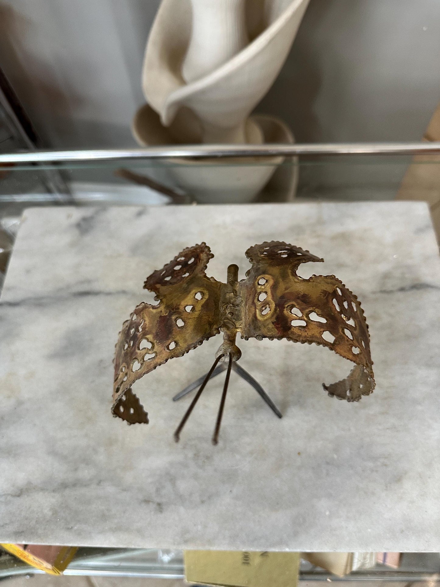 Brass Butterfly Statue Figurine Mid Century Modern 1970s Butterfly Signed by Artist