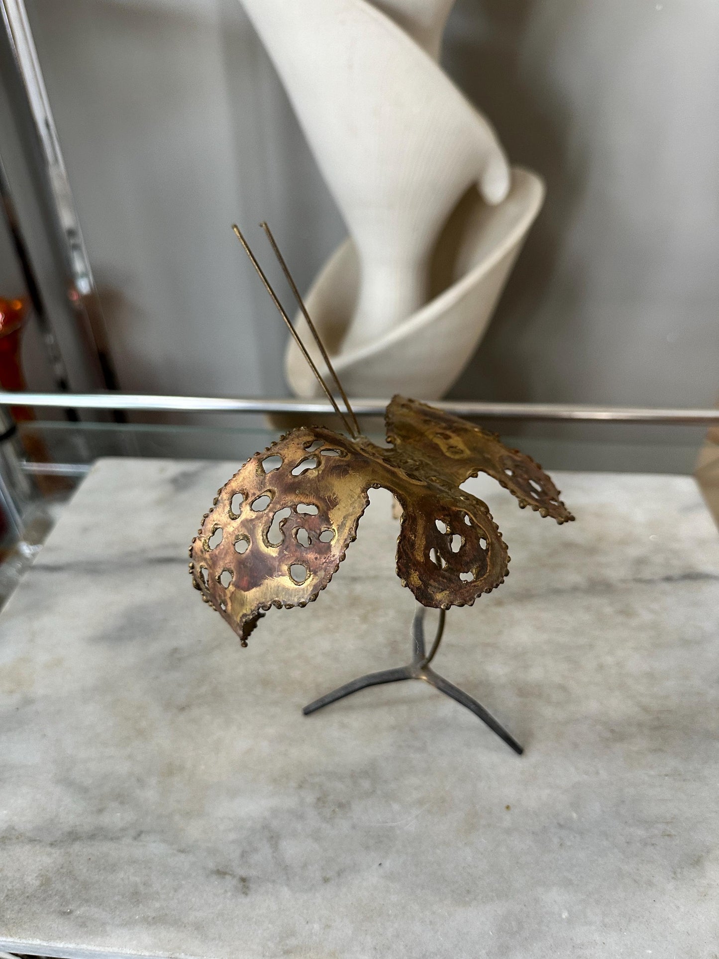 Brass Butterfly Statue Figurine Mid Century Modern 1970s Butterfly Signed by Artist