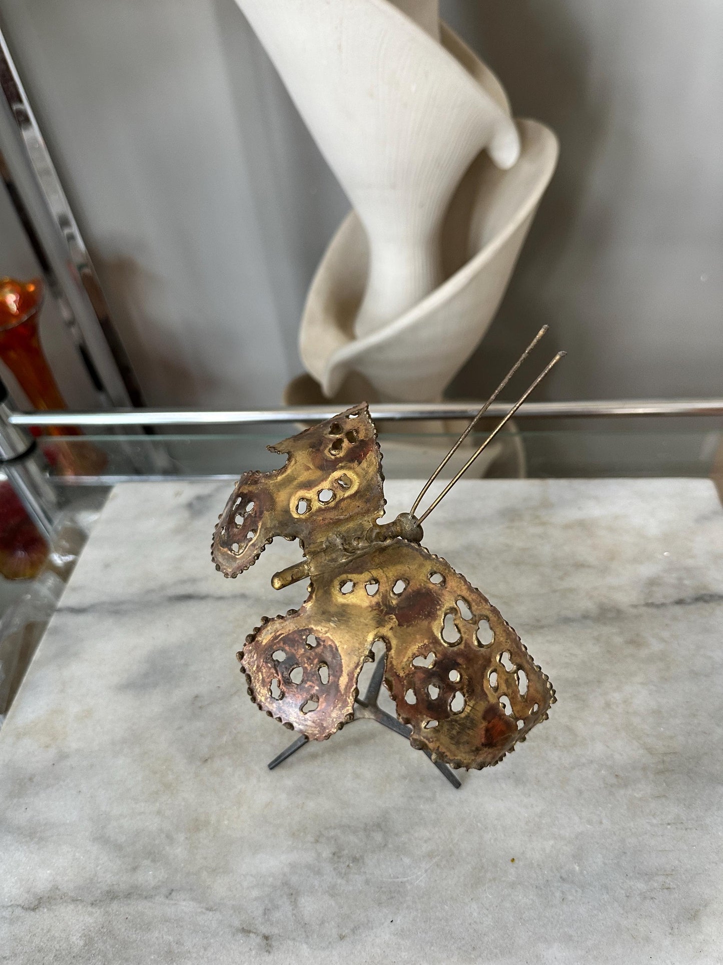 Brass Butterfly Statue Figurine Mid Century Modern 1970s Butterfly Signed by Artist