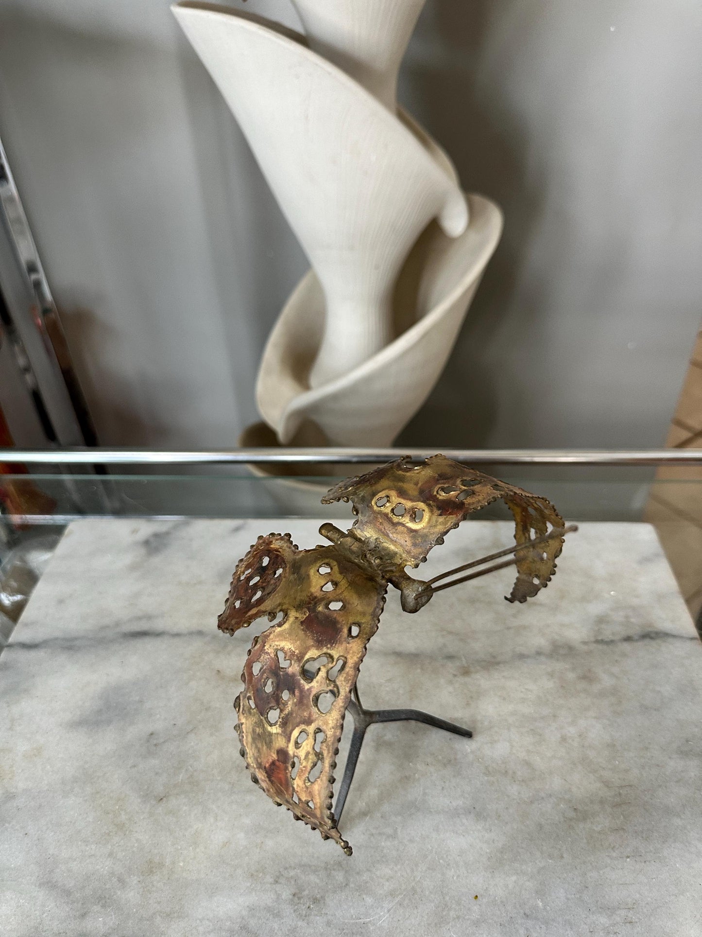 Brass Butterfly Statue Figurine Mid Century Modern 1970s Butterfly Signed by Artist