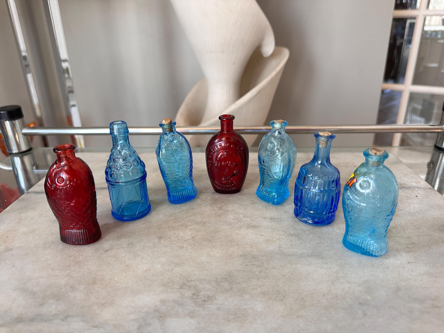 Vintage Wheaton Glass Mini Bottles Lot (7), 1970s Fish, Barrel, Grapes, Whiskey