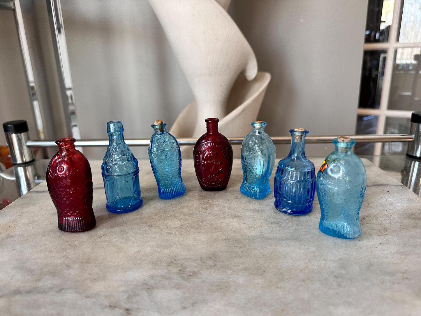 Vintage Wheaton Glass Mini Bottles Lot (7), 1970s Fish, Barrel, Grapes, Whiskey