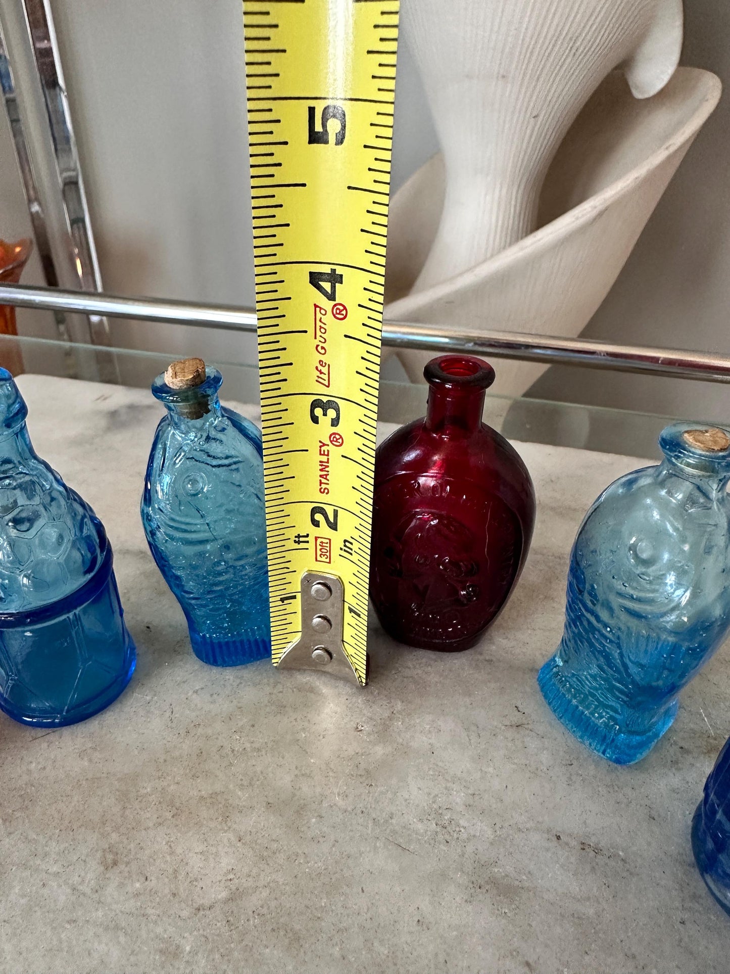 Vintage Wheaton Glass Mini Bottles Lot (7), 1970s Fish, Barrel, Grapes, Whiskey