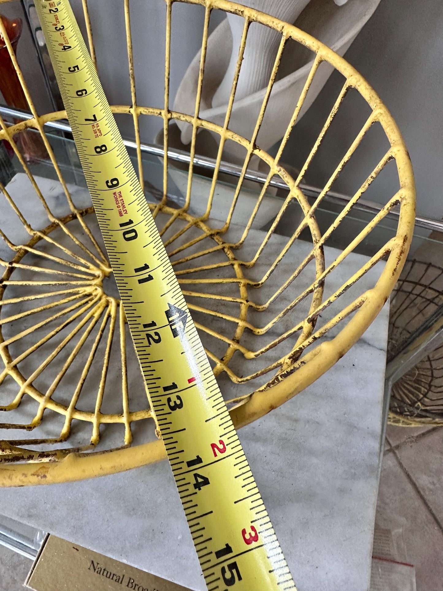 Vintage Yellow Wire Basket: Rustic Farmhouse Egg Carrier, Galvanized Metal (13.5" Across)