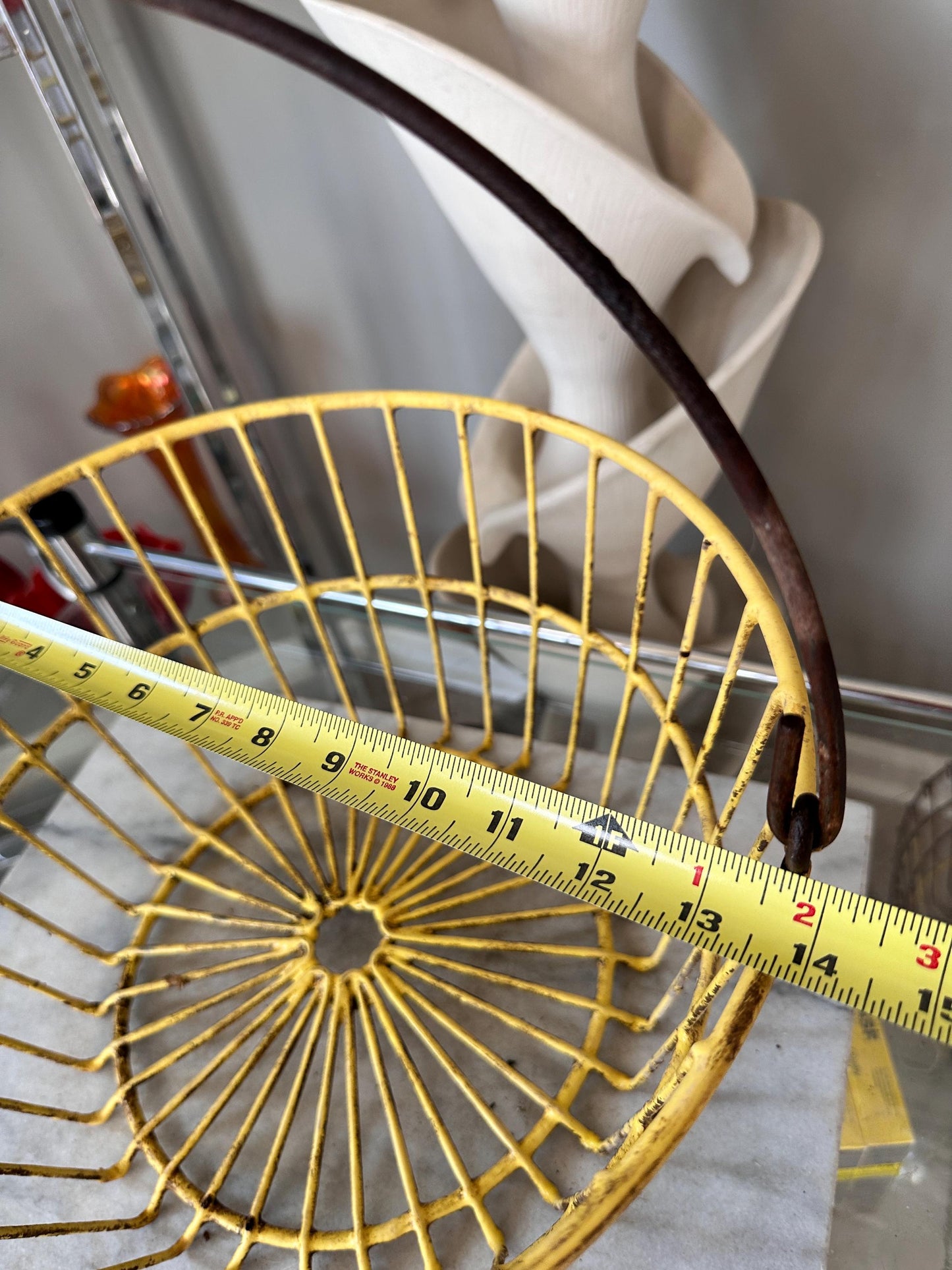 Vintage Yellow Wire Basket: Rustic Farmhouse Egg Carrier, Galvanized Metal (13.5" Across)