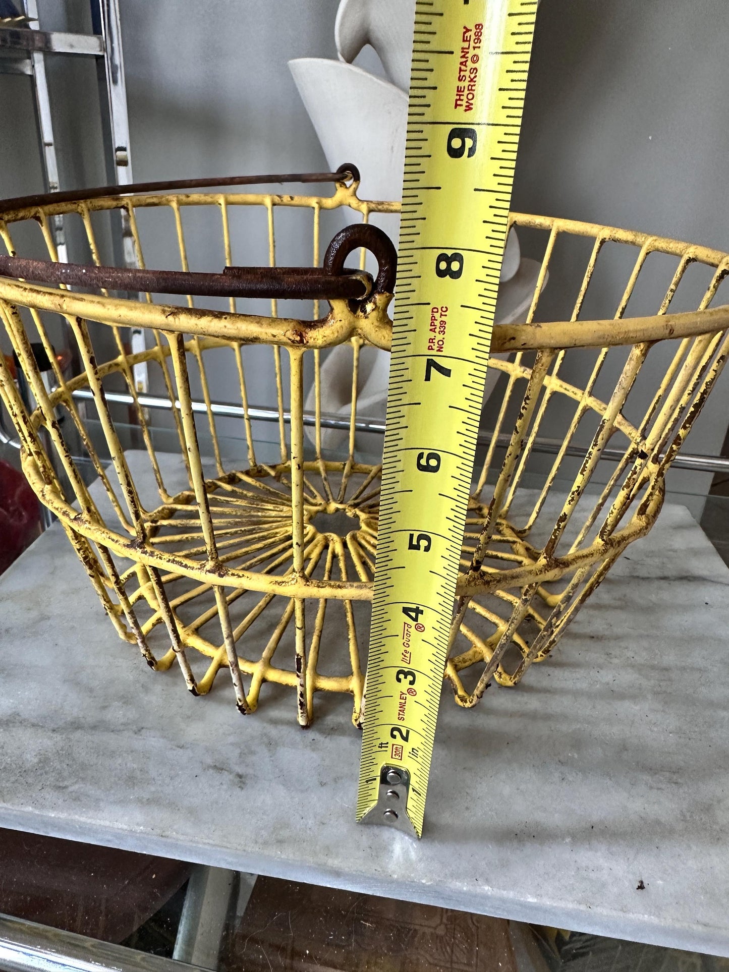 Vintage Yellow Wire Basket: Rustic Farmhouse Egg Carrier, Galvanized Metal (13.5" Across)