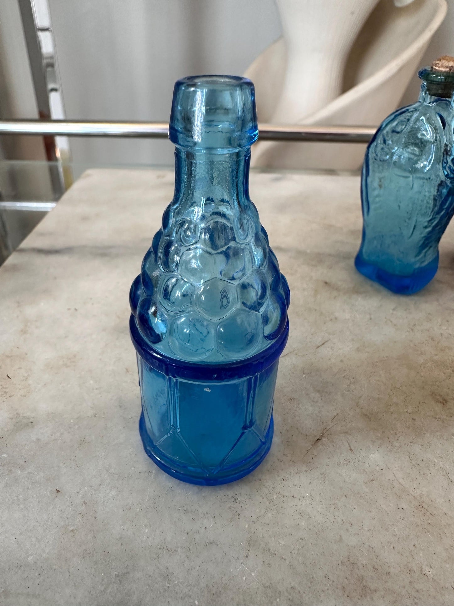 Vintage Wheaton Glass Mini Bottles Lot (7), 1970s Fish, Barrel, Grapes, Whiskey