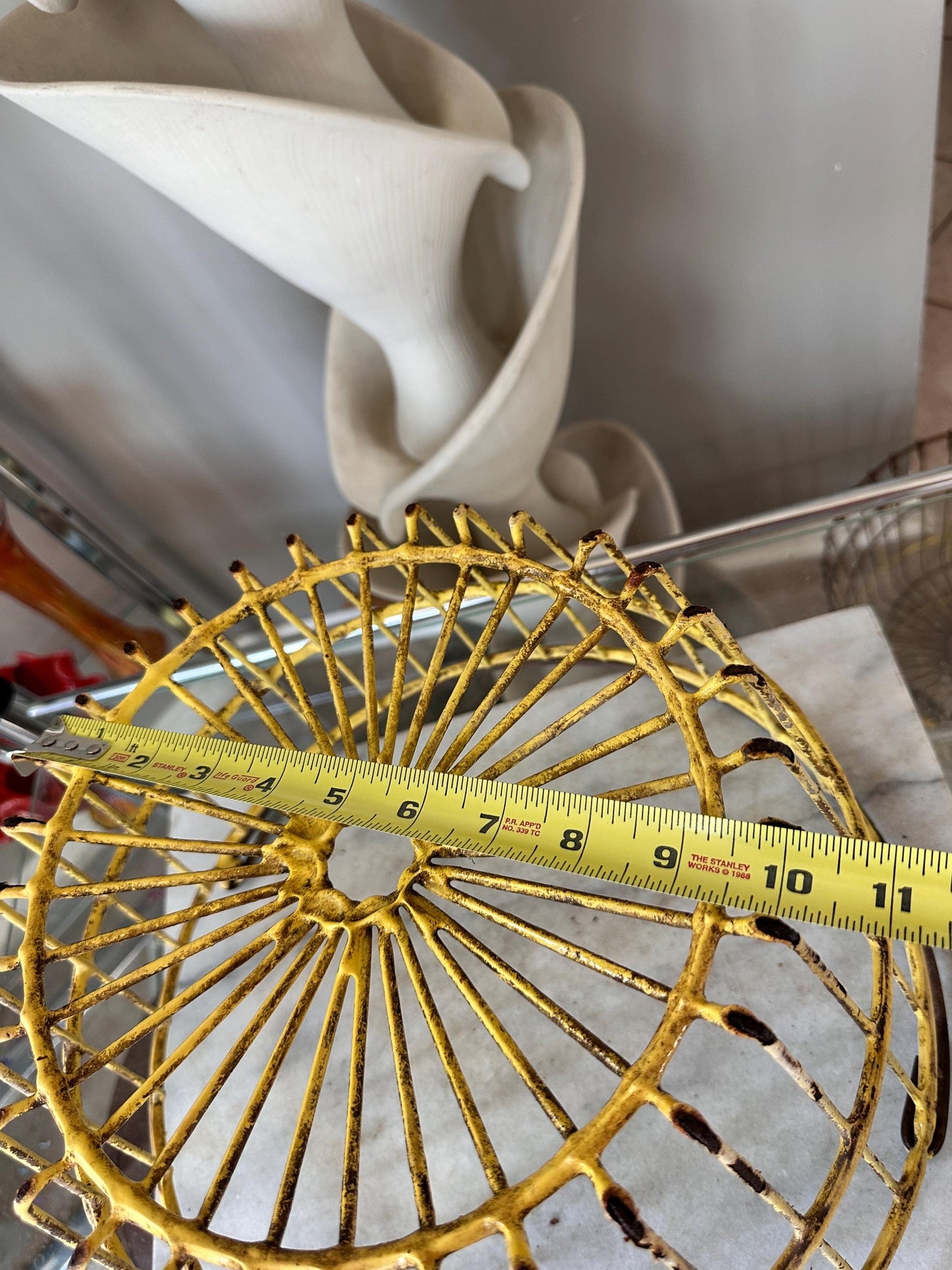 Vintage Yellow Wire Basket: Rustic Farmhouse Egg Carrier, Galvanized Metal (13.5" Across)