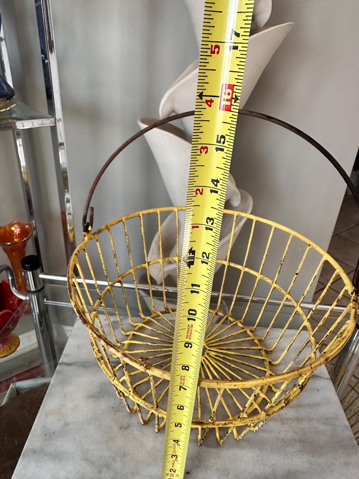 Vintage Yellow Wire Basket: Rustic Farmhouse Egg Carrier, Galvanized Metal (13.5" Across)