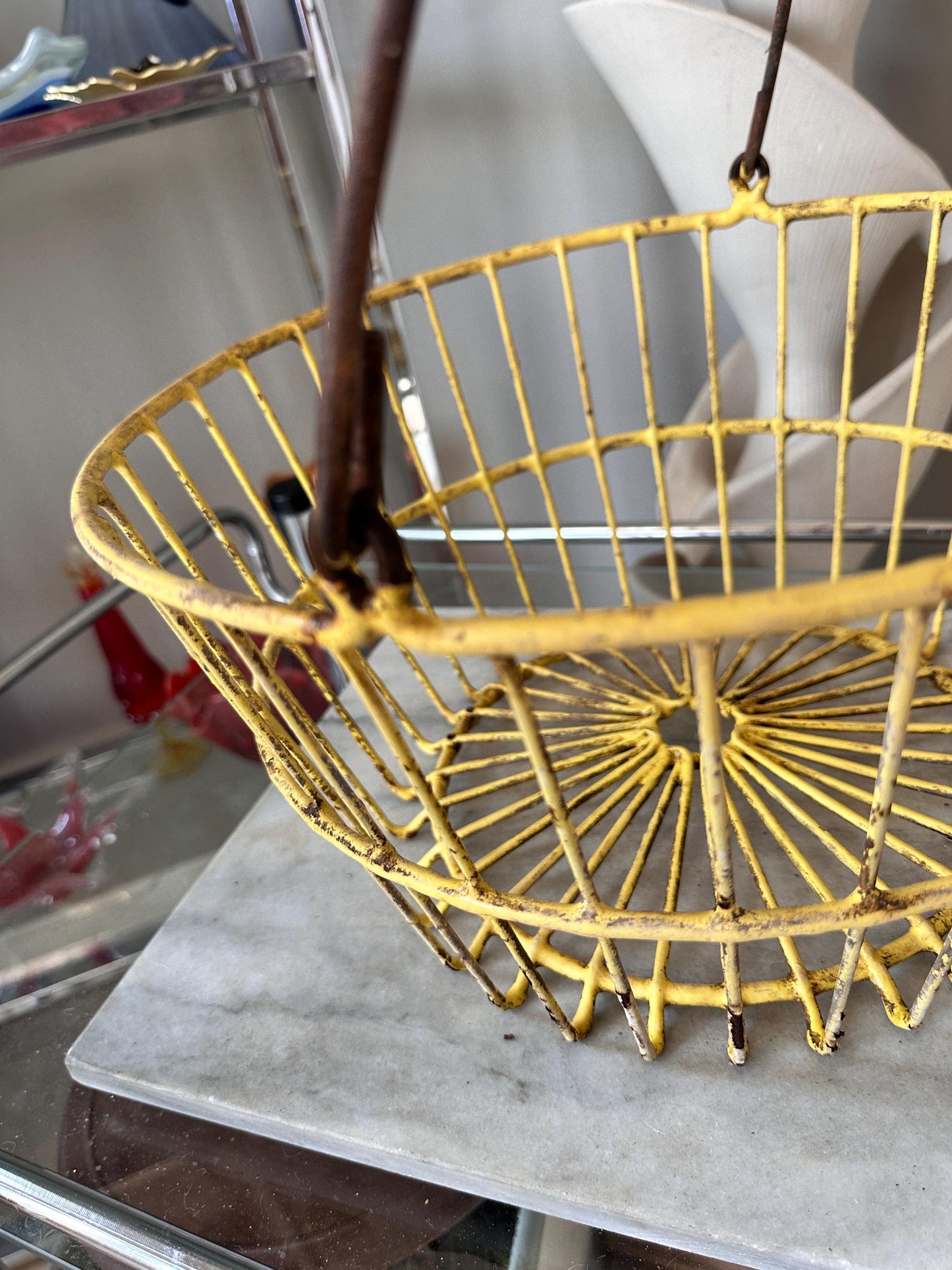 Vintage Yellow Wire Basket: Rustic Farmhouse Egg Carrier, Galvanized Metal (13.5" Across)