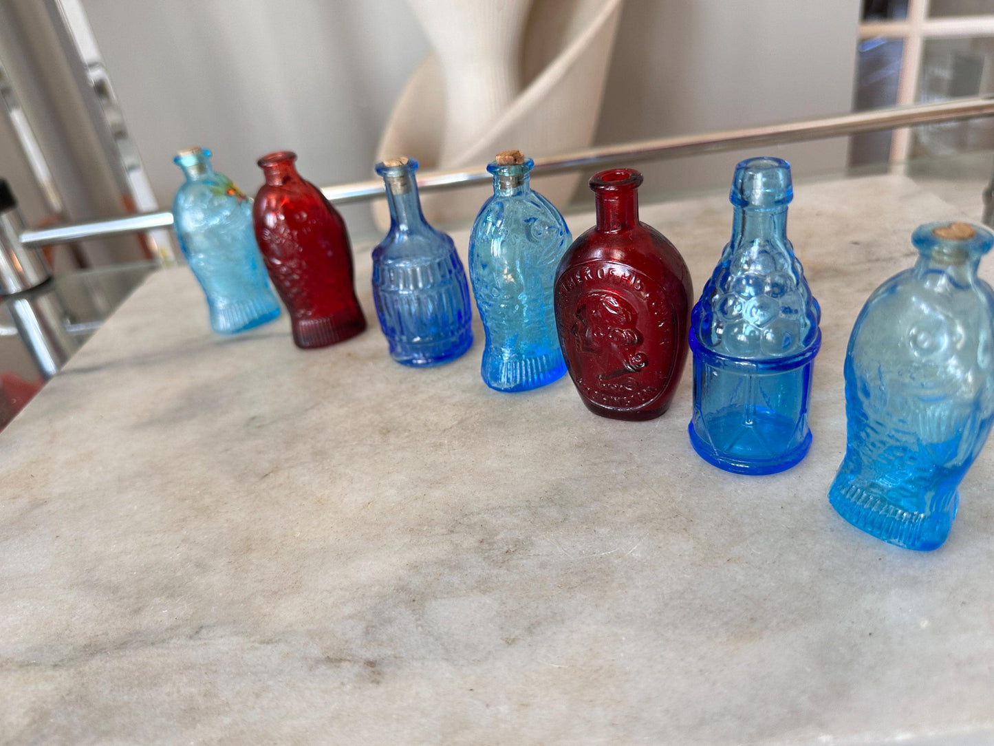 Vintage Wheaton Glass Mini Bottles Lot (7), 1970s Fish, Barrel, Grapes, Whiskey