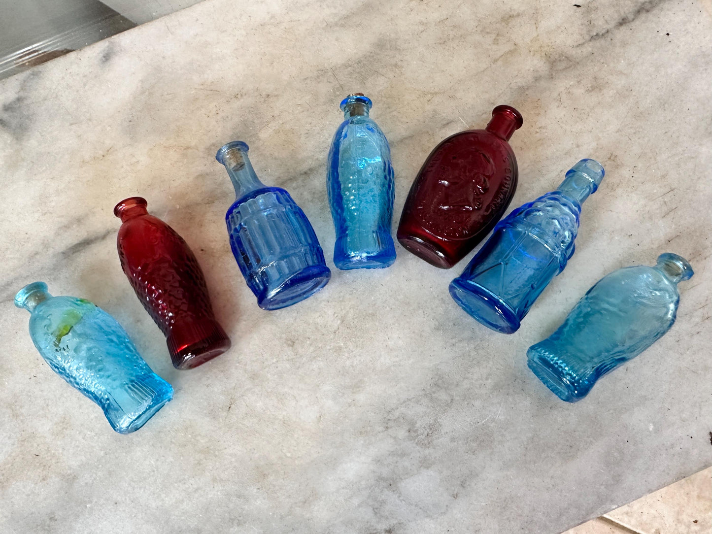 Vintage Wheaton Glass Mini Bottles Lot (7), 1970s Fish, Barrel, Grapes, Whiskey