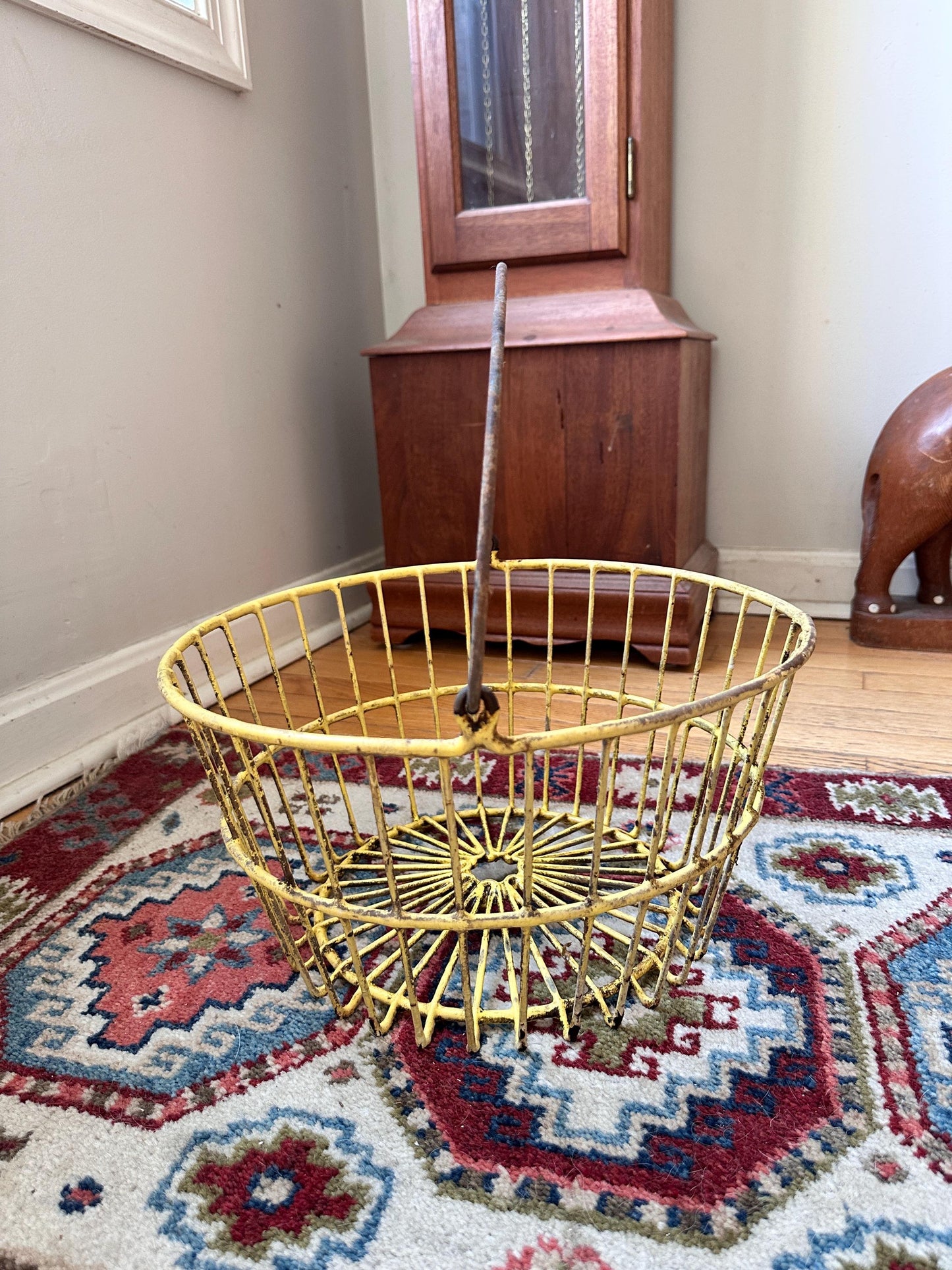 Vintage Yellow Wire Basket: Rustic Farmhouse Egg Carrier, Galvanized Metal (13.5" Across)