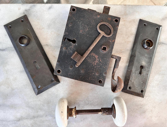 Antique Iron Rim Lock Set with Porcelain Knobs and Skeleton Key